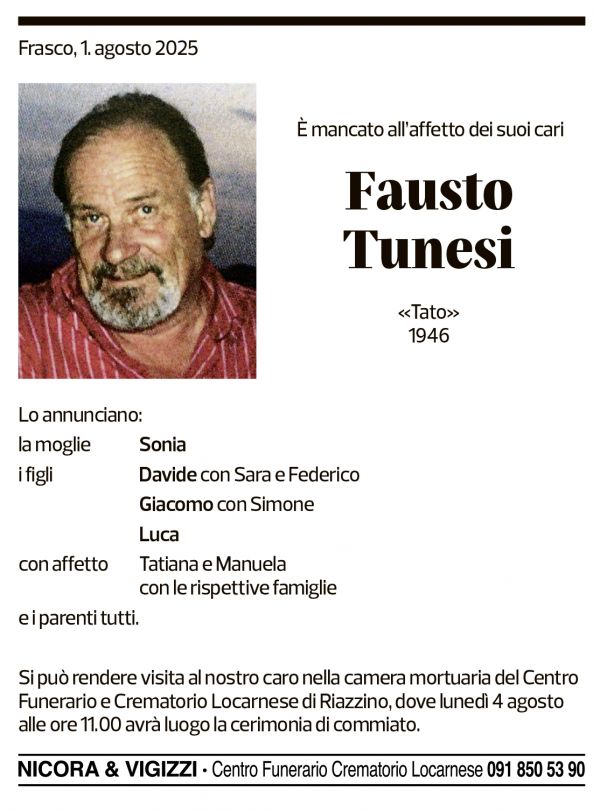 Annuncio funebre Fausto Tunesi
