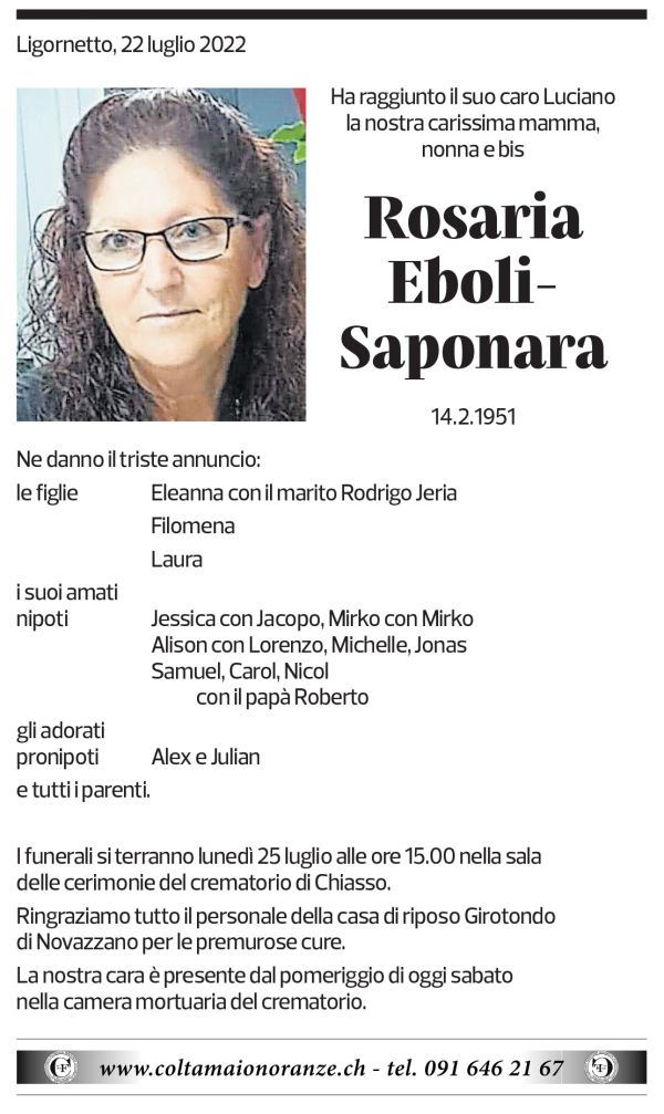 Annuncio funebre Rosaria Eboli-saponara