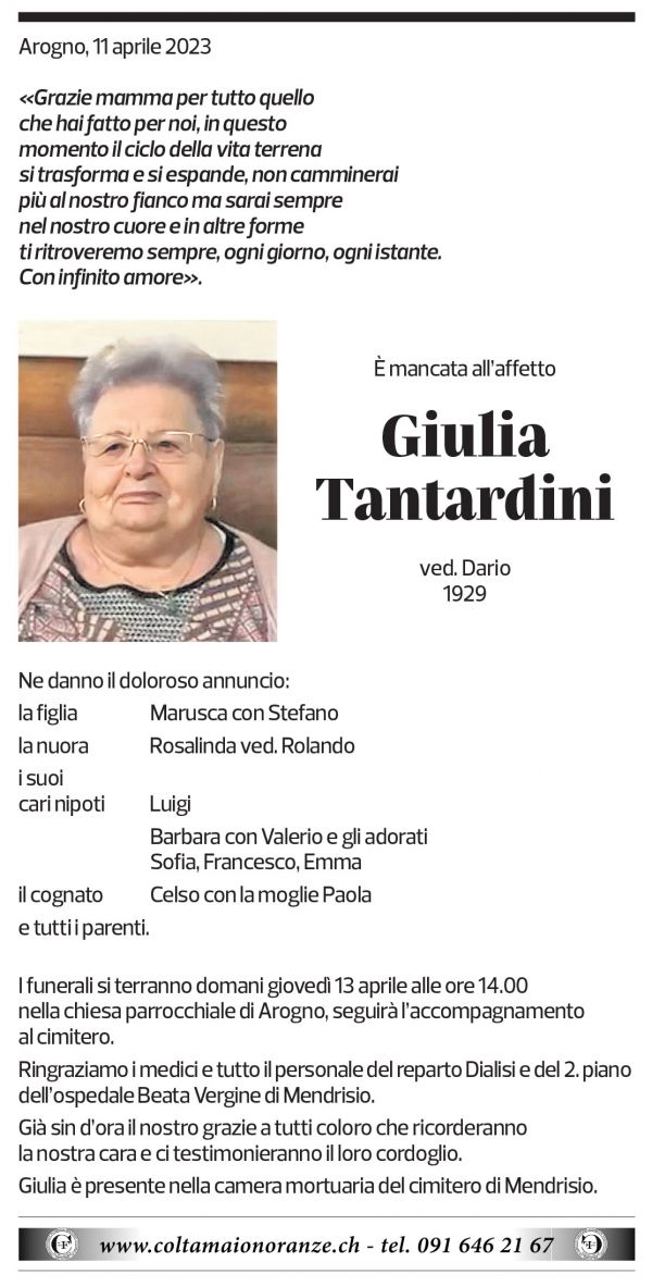 Annuncio funebre Giulia Tantardini