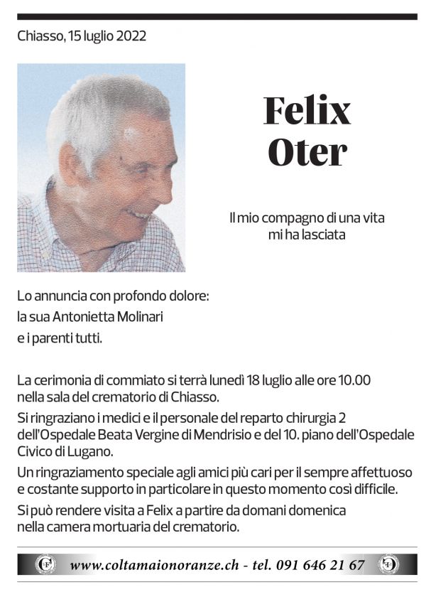 Annuncio funebre Felix Oter