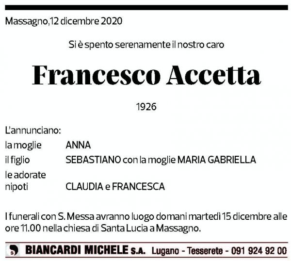 Annuncio funebre Francesco Accetta