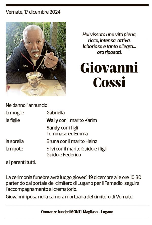 Annuncio funebre Giovanni Cossi