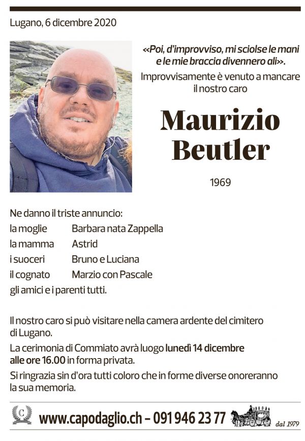 Annuncio funebre Maurizio Beutler