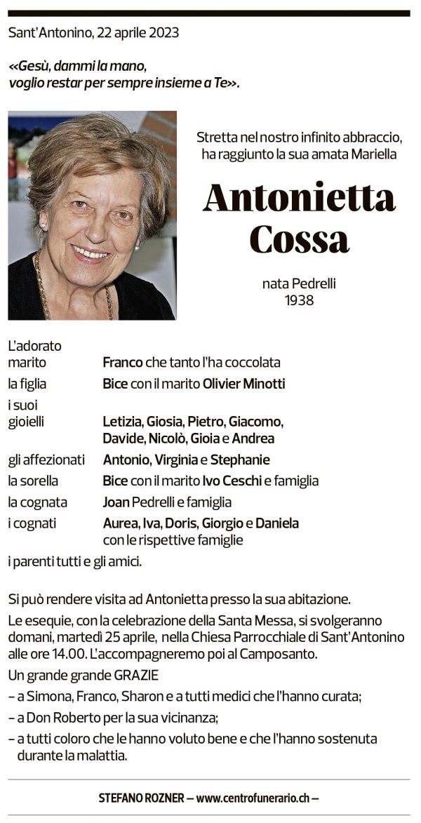 Annuncio funebre Antonietta Cossa