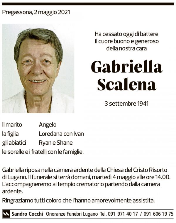 Annuncio funebre Gabriella Scalena