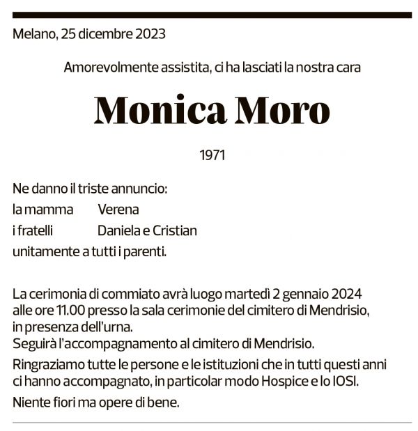 Annuncio funebre Monica Moro