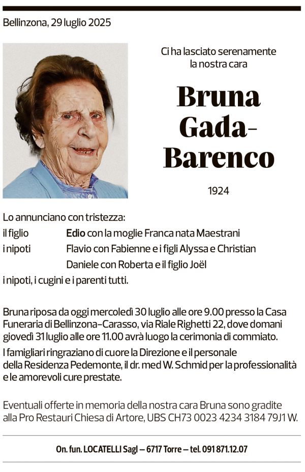 Annuncio funebre Bruna Gada-barenco