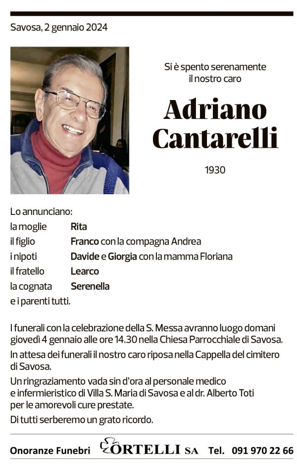 Annuncio funebre Adriano Cantarelli