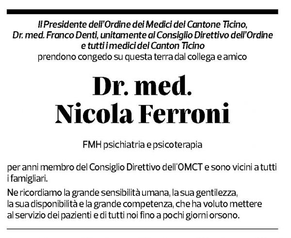 Annuncio funebre Dr. Med. Nicola Ferroni