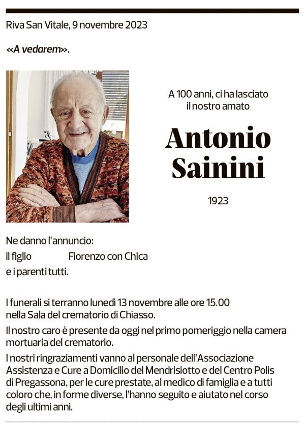 Annuncio funebre Antonio Sainini