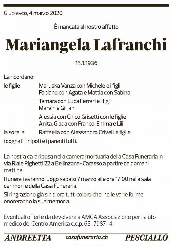 Annuncio funebre Mariangela Lafranchi