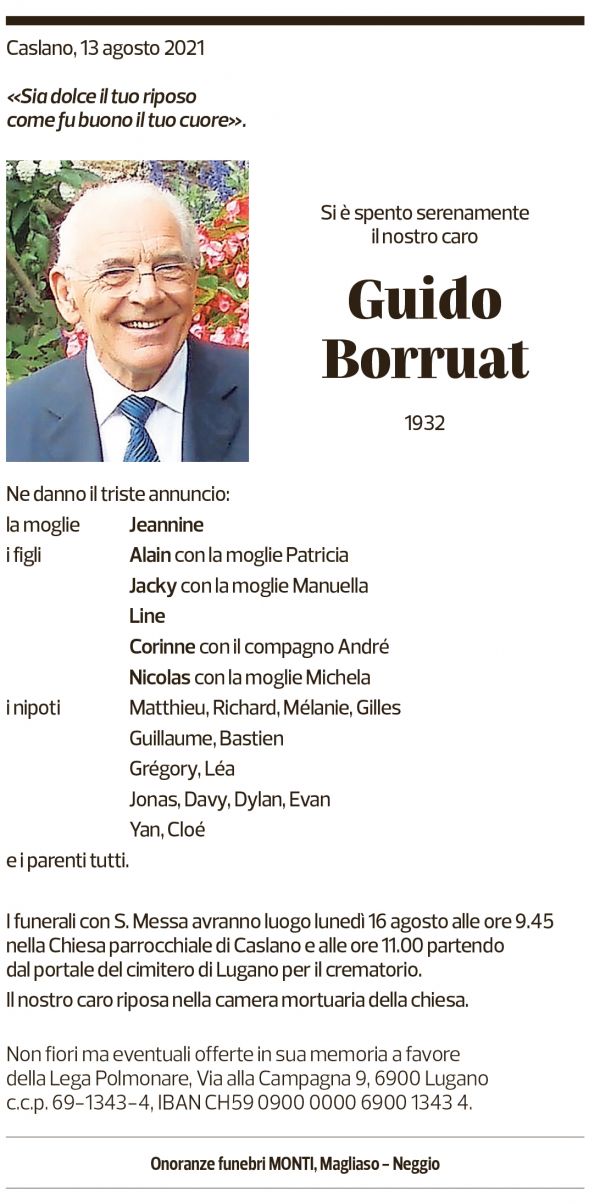 Annuncio funebre Guido Borruat