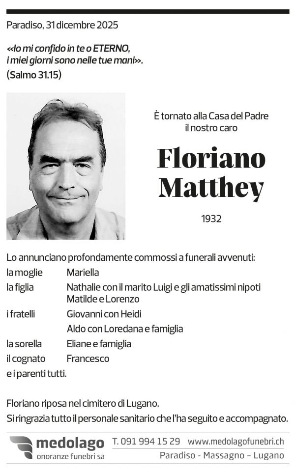 Annuncio funebre Floriano Matthey