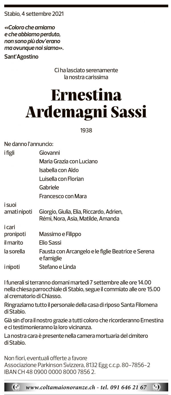 Annuncio funebre Ernestina Ardemagni Sassi