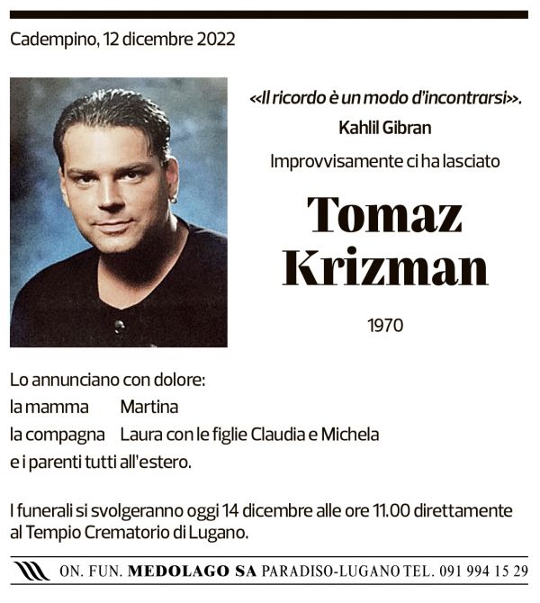 Annuncio funebre Tomaz Krizman