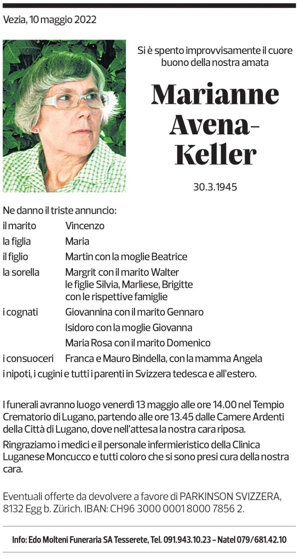 Annuncio funebre Marianne Avena-keller