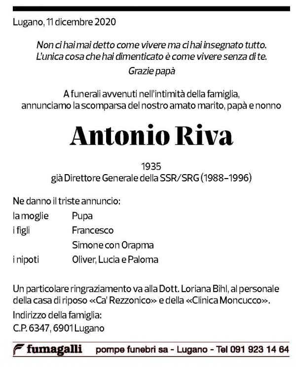 Annuncio funebre Antonio Riva