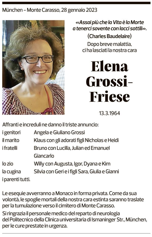 Annuncio funebre Elena Grossi-friese