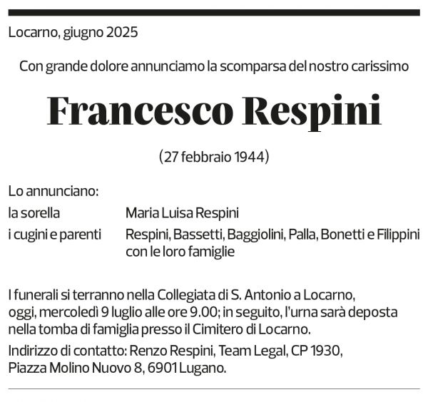 Annuncio funebre Francesco Respini