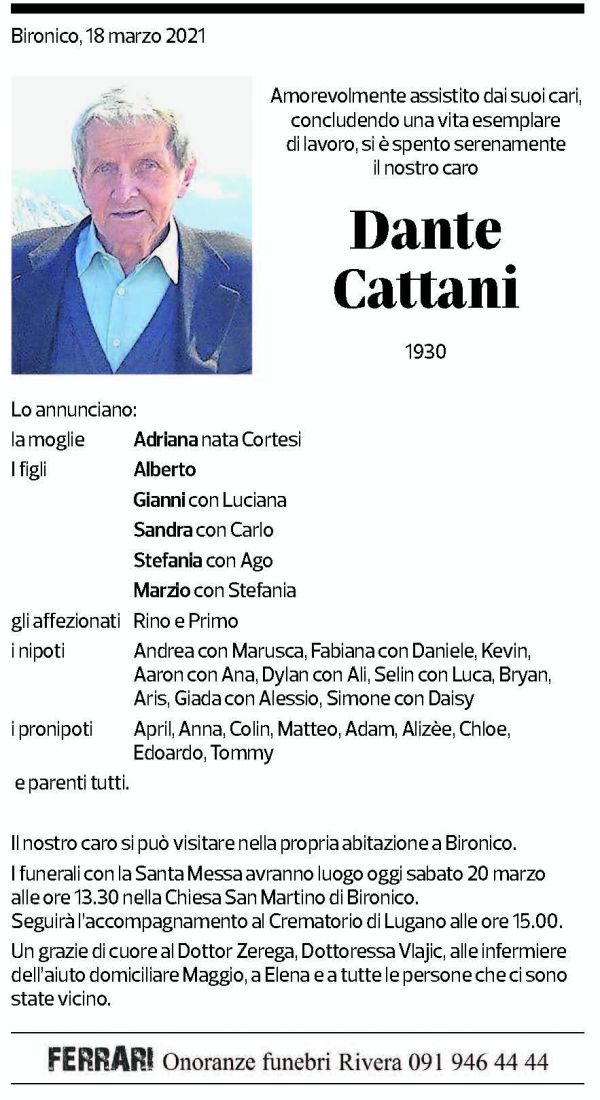 Annuncio funebre Dante Cattani