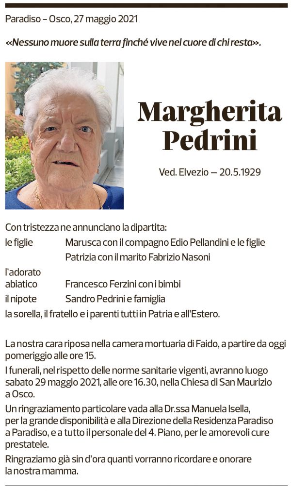 Annuncio funebre Margherita Pedrini