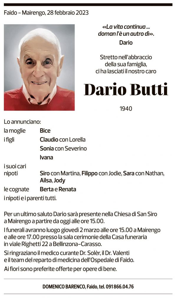 Annuncio funebre Dario Butti