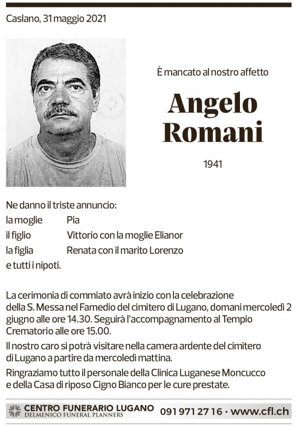 Annuncio funebre Angelo Romani