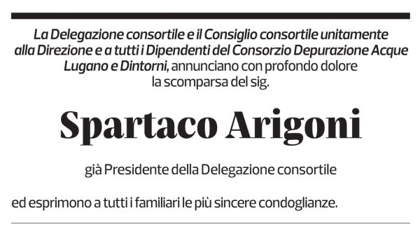 Annuncio funebre Spartaco Arigoni