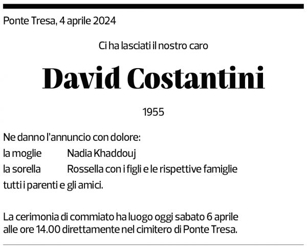 Annuncio funebre David Costantini