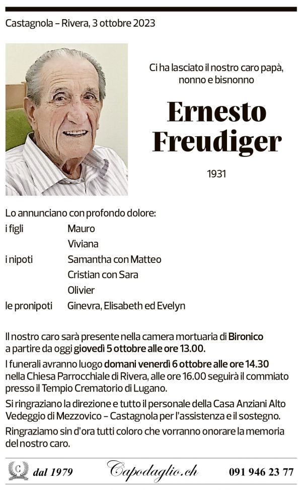 Annuncio funebre Ernesto Freudiger