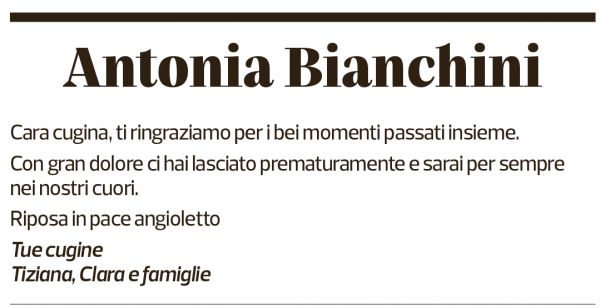 Annuncio funebre Antonia Bianchini