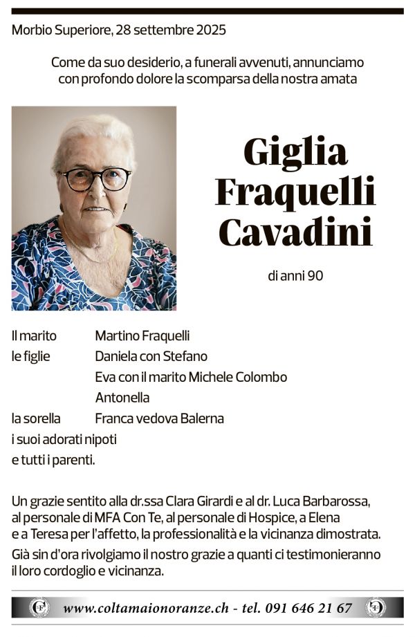 Annuncio funebre Giglia Fraquelli Cavadini