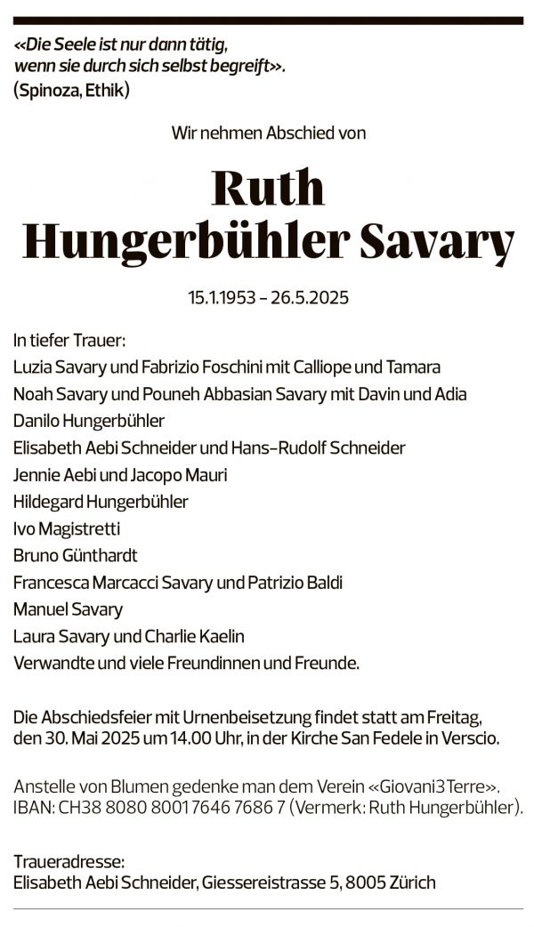 Annuncio funebre Ruth Hungerbühler Savary