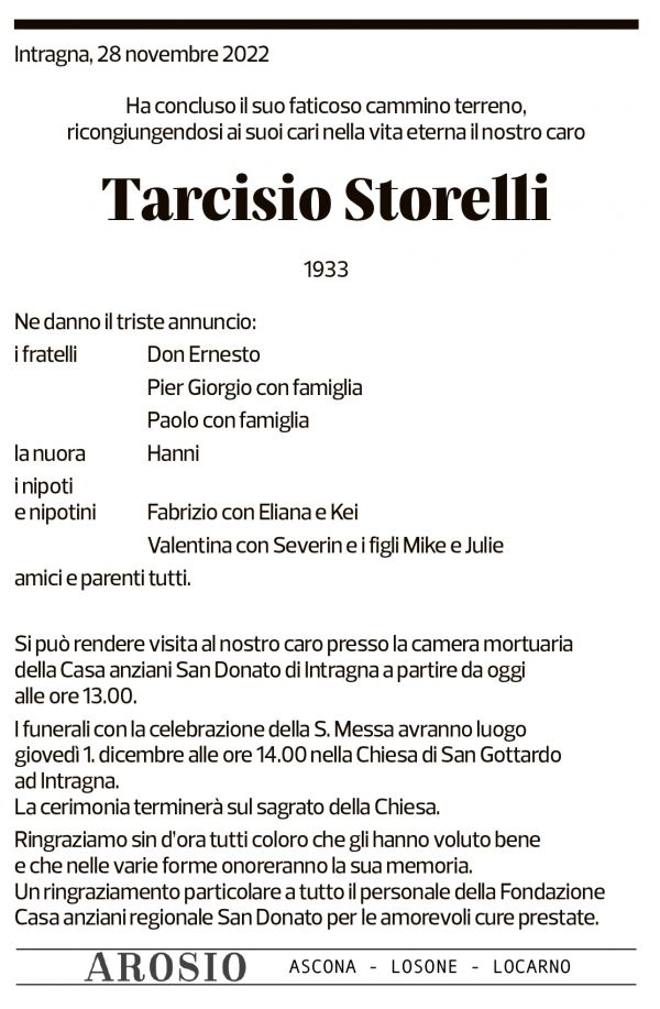 Annuncio funebre Tarcisio Storelli