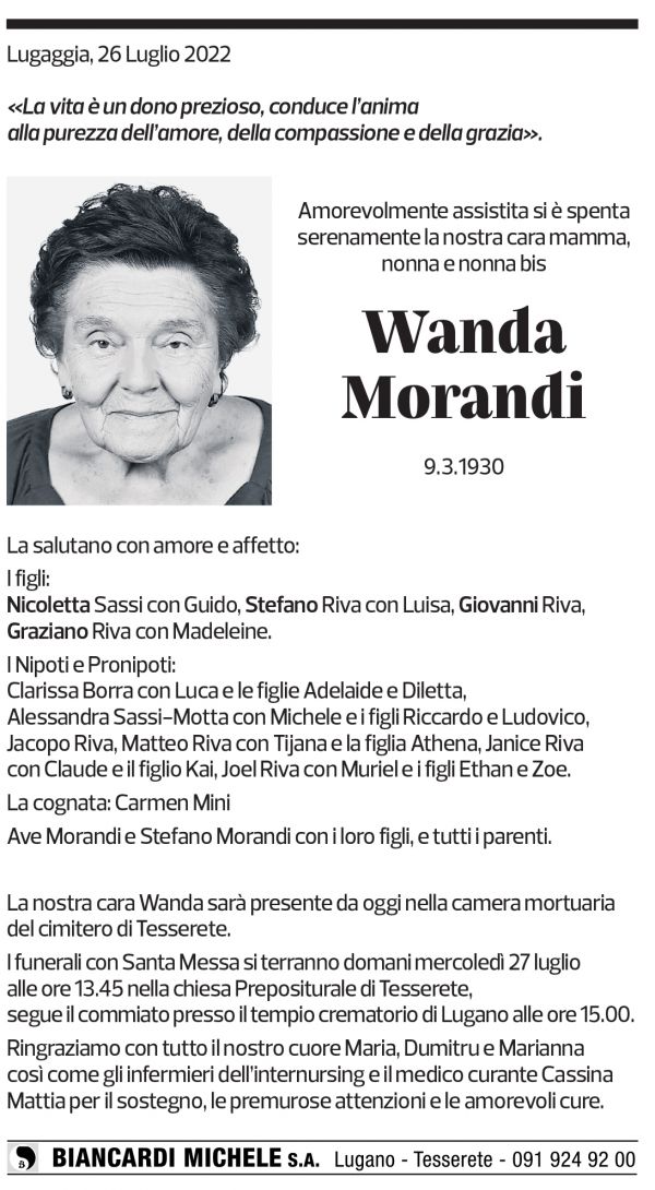 Annuncio funebre Wanda Morandi