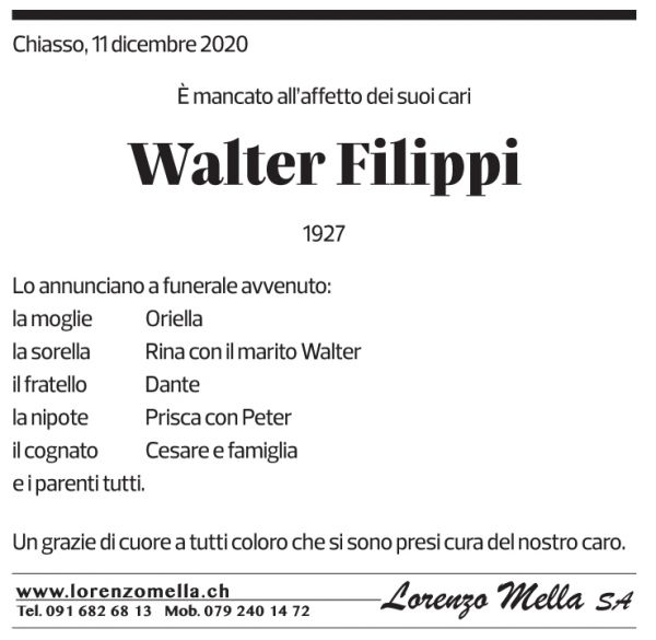 Annuncio funebre Walter Filippi