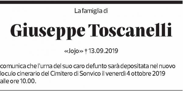 Annuncio funebre Giuseppe Toscanelli