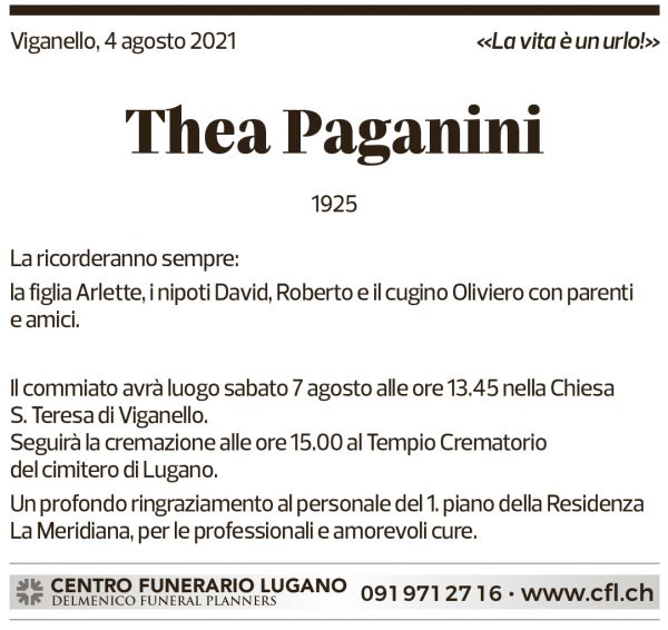 Annuncio funebre Thea Paganini