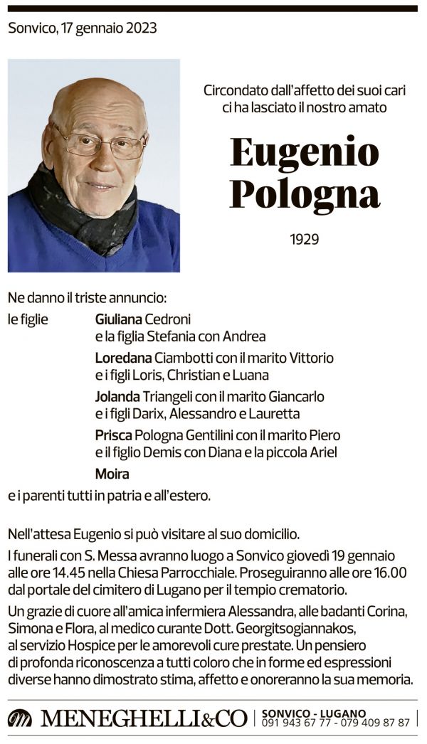 Annuncio funebre Eugenio Pologna