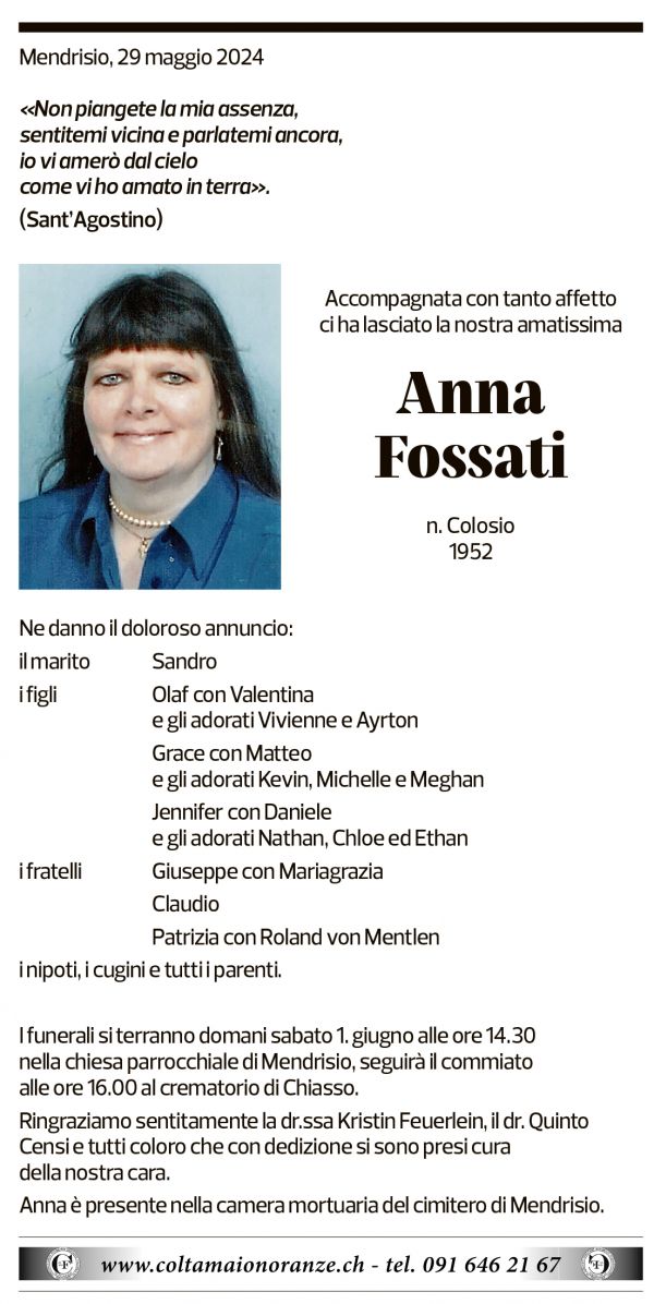 Annuncio funebre Anna Fossati