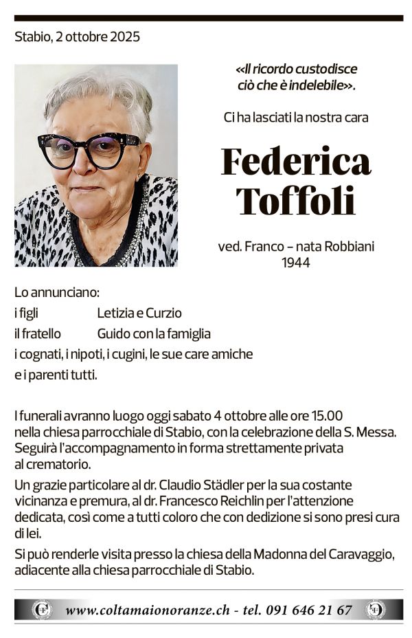 Annuncio funebre Federica Toffoli