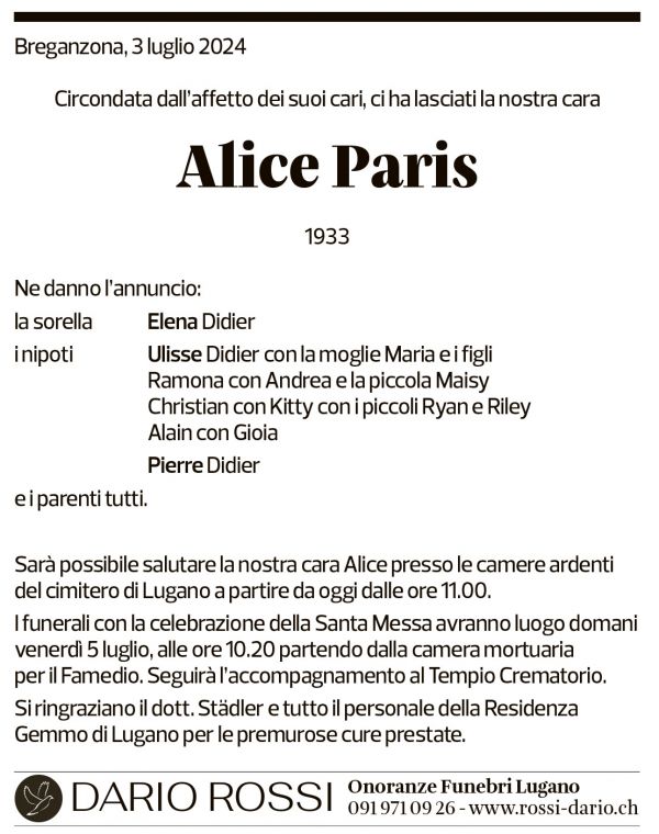 Annuncio funebre Alice Paris