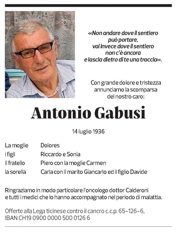 Annuncio funebre Antonio Gabusi
