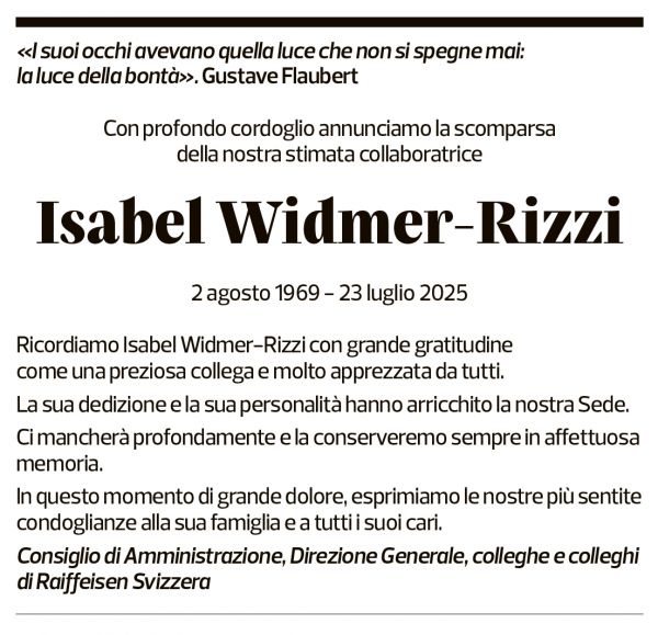 Annuncio funebre Isabel Widmer-rizzi