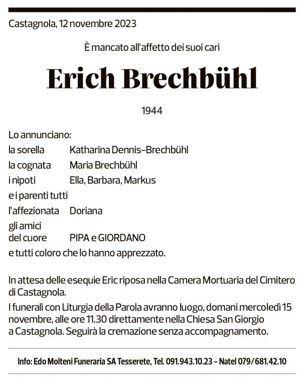 Annuncio funebre Erich Brechbuehl