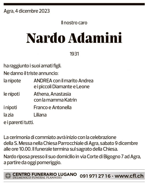 Annuncio funebre Nardo Adamini