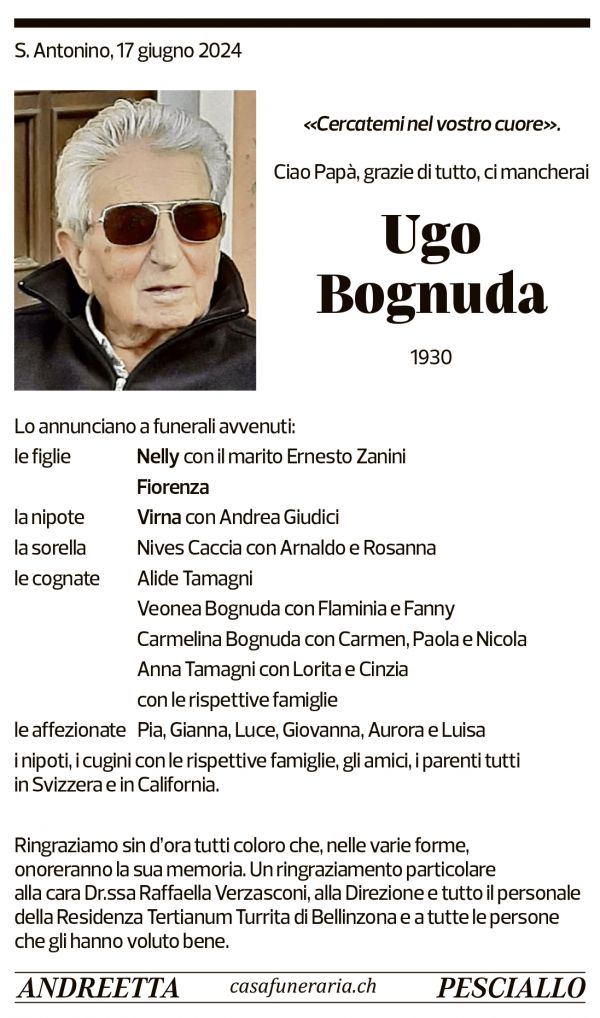 Annuncio funebre Ugo Bognuda