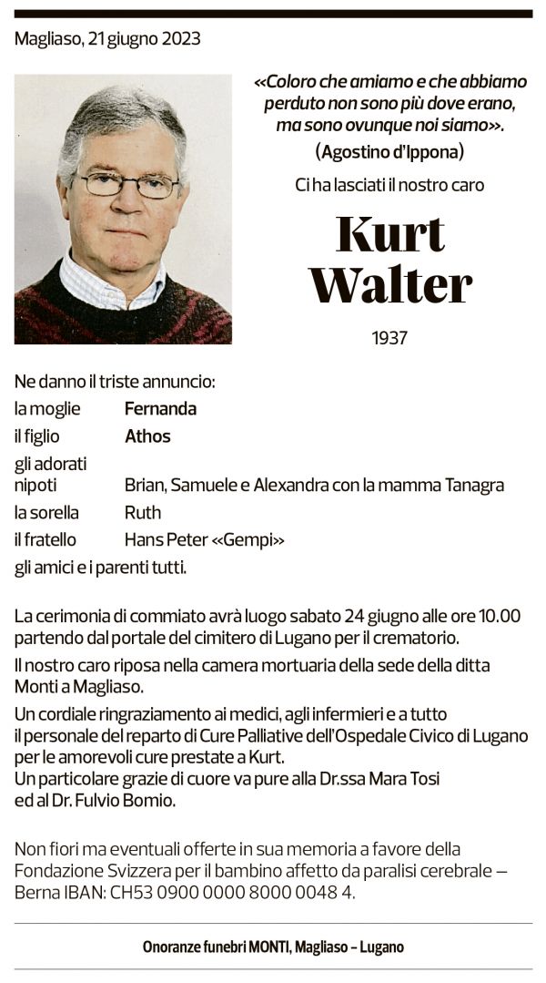 Annuncio funebre Kurt Walter