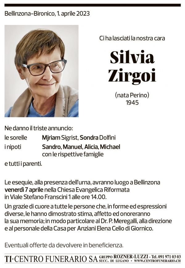 Annuncio funebre Silvia Zirgoi