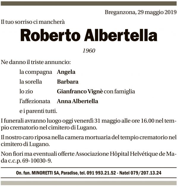 Annuncio funebre Roberto Albertella